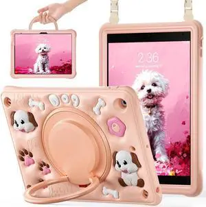 LX-SUNCX for iPad 10.2 Case 9th Generation 2021 / 8th Gen 2020 / 7th 2019,Shockproof Kids Case with Screen Protector,Rotating Stand/Pencil Holder/Shoulder Strap for iPad 10.2 Inch - Bubble Puppy