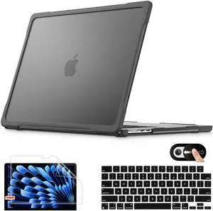 Mektron 2025/2024/2023 Heavy Duty Case for MacBook Air 15 inch with M4/M3/M2 Chip Model A3241/A2941/A3114,15.3 Shockproof Protective Hard Shell Cover with Keyboard Skin, A-Black-Throught