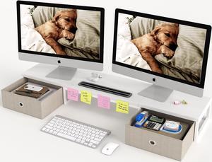 Dual Monitor Stand Riser with 2 Drawers - 39Inch Large Storage Computer Monitor Stands for 2 Monitors, Wooden Desktop Organizer Perfect for Home Office Desk, Computer, Laptop, TV, White