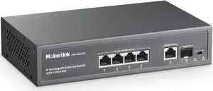 MokerLink 4 Port PoE Switch, 1 Gigabit Uplink, 1 SFP, IEEE802.3af/at 75W, PoE Watchdog AI Detection, QoS, Fanless Metal Plug & Play Ethernet Switch