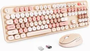Wireless Keyboard and Mouse, Full-Size Typewriter Keyboard with Retro Round Keycaps, Ergonomic Design, Compatible with Windows PCs, Ideal for Home and Office. (Milk Tea)