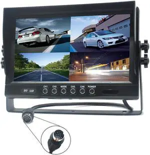 Padarsey 9" TFT LCD Car Rearview Quad Split Monitor,Remote Control, 4 Channels 4-PIN Connector Video Inputs Shockproof - 12V-24V 800480HD Screen w/Sunshade Anti-Glare