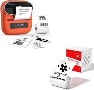 Phomemo M220 Label Maker Orange & 1 Roll White Thermal Label 2.175"x4"(54x101mm), Upgrade 3 Inch Barcode Portable Printer, for Office & Small Business, Compatible with Phones&PC