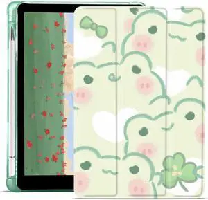 JOYLAND Cute Frog Case for iPad Air 11 Inch M3 2025/M2 2024, Leather Foldable Stand Green TPU Back Cover with Pencil Holder Shockproof Protective Case Auto Wake/Sleep