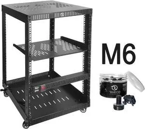 RIVECO 15U Network Rack with Top Cover 4 Post Floor Rack on Wheels for 19" Equipment & Stereo Gear Including Rack Mount Power Strip & 1PCS 1U Rack Shelf & M6 Screws 50 Sets
