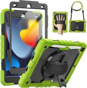 SEYMAC Case for iPad 9th/8th/7th Generation 10.2 inch 2021-2019, Heavy Duty Protective Shockproof Case with Screen Protector, Rotating Stand/Handle/Shoulder Strap for iPad 10.2, Green