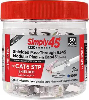 Simply45 ProSeries Pass-Through RJ45 Mod Plug with Cap45 and Bar45 - Shielded External Ground for 23AWG Solid, Cat6/6a STP - Red Tinted, 50-Piece/Jar - S45-1750P