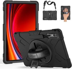 SUPFIVES Case for Galaxy Tab S10 Ultra 14.6 inch 2024, Tablet S9 Ultra 2023 Upgraded Military Liquid Silicone 3 Layers Protection with+Handle+ Rotating Stand+ S-Pen Holder+ Shoulder Strap- Black