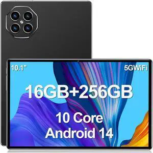 testlili Tablet 10.1 inch Android 14 Tablets, 16GB RAM 256GB ROM,16MP+32MP Camera,10 Core Tablet PC, 2560 * 1600 HD Touch Screen,Smart-K Dual Speakers, 10000mAh, GPS, WiFi (Black)