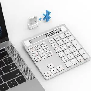 Bluetooth Number Pad - 2.4G Wireless Numeric Keypad with Display Calculator - Wireless Number Pad Slim 34-Key Portable Financial Accounting Numpad Data Entry &Calculation 2in1 for Laptop Desktop White