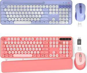 2 Pack Wireless Keyboard and Mouse - Cute Typewriter Keyboard with Retro Round Keycaps, Foldable Legs, 2.4GHz Full-Size Keyboard for PC, Laptop, Windows