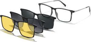 UNIEOWFA Computer Anti Blue Light Blocking Glasses Men Square With 3Pcs Polarized Magnetic Clip on Sunglasses Gaming Eyeglasses UV Protection Driving Anti Glare