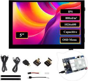 5inch HDMI Touch Screen 1024 x 600, 5-Point Capacitive Touch IPS Display 178° Viewing Angle, Compatible with Raspberry Pi 5/4B/3B+/3B/Zero 2W/Zero W/Zero/Pico/Pico W, Win 11/10/8.1/8/7 /Jetson Nano
