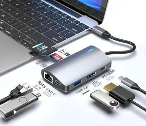 7-in-1 USB-C to HDMI Hub with Rj45 Port,1 USB-C 100W PD Charing, 1 USB-A 3.0, 1 USB-C, HDMI 4K, SD/TF for iPad Pro MacBook Pro Laptops