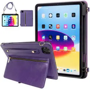 Dteck Case for iPad Air 13 inch M2 2024/iPad Pro 12.9 Case 6th/5th/4th/3rd Generation 2022/2021/2020/2018,Premium PU Leather Shockproof Protective Case Zipper Pocket Strap Soft TPU Back Cover,Purple