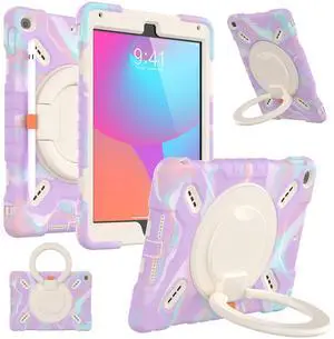 PEPKOO Triple Shockproof Case for iPad 5th/6th Generation 9.7 inch 2017 2018 and iPad Air 2 Gen, Heavy Duty Kid Boy Girl Cover with Pencil Holder/Handle Kickstand/Shoulder Strap, Colorful Purple
