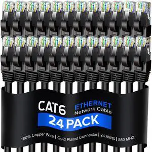 Maximm Cat 6 Ethernet Cable 20 Ft, 100% Pure Copper, Cat6 Cable (24 Pack) LAN Cable, Internet Cable, Patch Cable and Network Cable - UTP (Black) 20 Feet