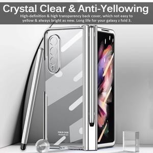 Miimall for Samsung Galaxy Z Fold 3 Case with Pen, Z Fold 3 Case with S Pen with Pen Holder + Tempered Glass Screen + Luxury Plating PC Cover for Crystal Clear Case for Galaxy Z Fold 3 5G (Silver)