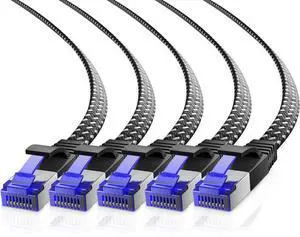 Maximm Cable CAT7 Flat Braided Ethernet Cable, 5 Pack (Black, 12ft) 10 Gbps, 600 MHz, Shielded RJ45 Gold Connectors Ultra-Thin Flexible Design for Home & Office Networking