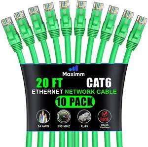 Maximm Cat 6 Ethernet Cable 20 ft (10-Pack) - High-Speed LAN Cable, Internet Cable, Patch Cable, and Network Cable - UTP, 10Gbps, 550MHz Ethernet Cord - Green
