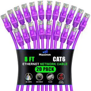Maximm Cat 6 Ethernet Cable 8 ft (20-Pack) - High-Speed LAN Cable, Internet Cable, Patch Cable, and Network Cable - UTP, 10Gbps, 550MHz Ethernet Cord - Purple
