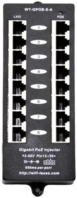 PoE Texas 8 Port PoE Injector - Gigabit Passive Power Over Ethernet Midspan - Front Wall Mount for Security Cameras, IP Phones, WiFi APs - Works with Non-PoE Switch, Includes 48v 120w Power Supply
