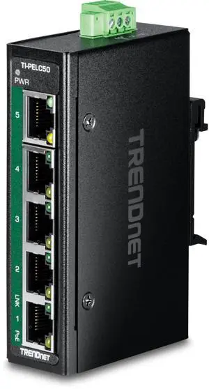 TRENDnet 5-Port Industrial Fast Ethernet PoE+ DIN-Rail Mini Switch, TI-PELC50, NDAA + TAA Compliant, 4 x 10/100Mbps PoE+ Ports, 1 x 10/100Mbps Port, 90W PoE+ Power Budget