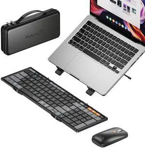 ProtoArc Foldable Keyboard Mouse Combo, XKM01 CaseUp Portable Bluetooth Keyboard and Mouse with Laptop Stand, a Mobile Work Solution for On-The-Go, Compatible with Laptop PC MacBook Windows Mac OS