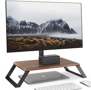 AOKCOS Monitor Stand, Monitor Riser with Tilt Swivel Mount for 12-27 Inch Screen, Landscape to Portrait Rotation, Height Adjustable, Extra Storage Shelf, Desk Organizer, Walnut