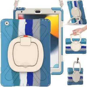 BRAECN for iPad 9th 8th 7th Generation 10.2 Inch Case,Heavy Duty Silicone Case w/Carrying Strap/Pencil Holder/Screen Protector/Folding Handle Grip/Kickstand for iPad 9/8/7 Generation, Colorful Blue