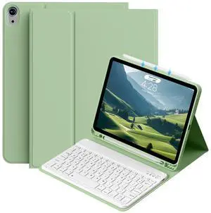BQDIYOO Case for iPad Air 7th/6th 11-inch M3/M2 (2025/2024) & 10.9 inch Air 5th 4th Gen with Keyboard 2022 2020, Detachable Wireless Keyboard Cover with Pencil Holder, Auto Sleep/Wake, Light Green