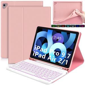 DETUOSI for iPad Air 2 Keyboard Case, for iPad 9.7" 2017/2018 Keyboard Case with Apple Pencil Holder, Detachable Wireless 7-Colors Backlit Keyboard + PU Leather Cover for iPad Pro 9.7", for iPad Air 1