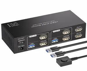 KVM Switch 2 Monitors 2 Computers USB 3.0 4 Ports 4K 60Hz HDMI 2 Ports KVM Selector HDMI Switcher 2 PC or 2 Laptops Share 1 Set of Keyboard Mouse Printer and Scanner