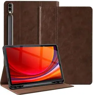 Gexmil Genuine Leather Case for Samsung Galaxy Tab S8 Plus/S7 Plus 12.4 Inch with Pencil Holder,Shockproof Protective Adjustable Kickstand Smart Premium Folio Flip Tablet Cover, Dark Brown