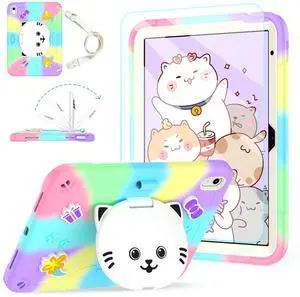 Case for iPad (A16) 11th 2025/10th Generation 10.9 Inch 2022 with Tempered Glass Screen Protector,Shockproof Kids Girls iPad Case 10th Gen with Cute Cat Stand/Shoulder Strap/Pencil Holder (Colourful)