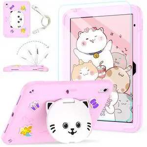 Case for iPad (A16) 11th 2025/10th Generation 10.9 Inch 2022 with Tempered Glass Screen Protector,Shockproof Kids Girls iPad Case 10th Gen with Cute Cat Stand/Shoulder Strap/Pencil Holder (Pink)