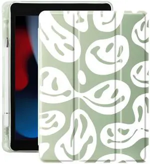 Idocolors Funny Ghost Face Pad Case for 10.2 Inch iPad 7th/8th/9th Generation (iPad 2019/2020/2021) Cute Green Girly Anti-Scratch Shockproof with Pencil Holder Lightweight Smart Trifold Stand Cover