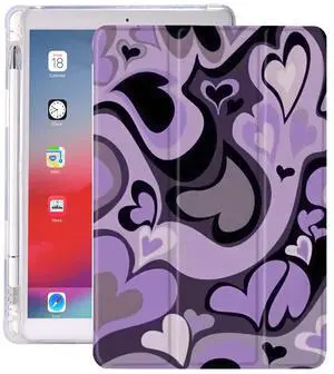 Idocolors Cute Love Heart Pad Case for 10.2 Inch iPad 7th/8th/9th Generation (iPad 2019/2020/2021) Lovely Girly Anti-Scratch Shockproof with Pencil Holder Lightweight Smart Trifold Stand Cover, Purple