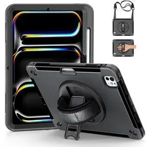 Junfire Protective Case for iPad Pro 11 inch (M4) 2024, Shockproof Rugged Case with 360°Rotating Kickstand/Hand Strap/Shoulder Strap/Stylus Holder for A2836/A3006-Black