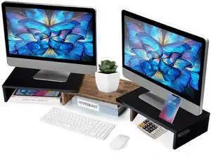 La Jaco Dual Monitor Stand Riser for 2 Monitors, Monitor Stand for Desk, Adjustable Length Swivel Angle Wooden Desktop Organizer Stand Riser with Smartphone Holder for PC Monitor, Rustic Brown