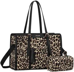 LOVEVOOK Laptop Bag for Women - 15.6 inch Lightweight Canvas Laptop Tote, Large Capacity Computer Bag with Clutch Purse for Business, Work, Office, Travel, Leopard