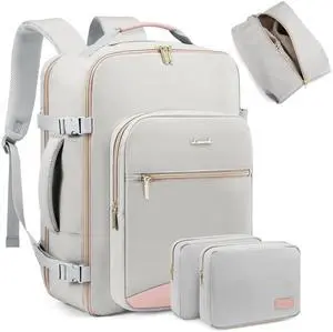 LOVEVOOK Carry on Backpack, 50L Travel Backpack Women for Airplanes, 18inch Laptop Backpack with Toiletry Bag Carry on Bags for Airplanes Casual Daypack for Weekender Overnight Hiking, Light gray-Pink
