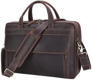 Masa Kawa Leather Briefcase for Men 15.6 Inch Laptop Computer Brief Attache Case Vintage Business Travel Work Messenger Crossbody Shoulder Bags for Lawyer Teacher, Brown