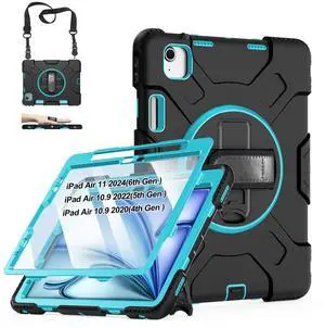Case for iPad Air 11 M3 2025 & M2 2024: Cover for iPad Air 5th & 4th Generation 10.9 Inch (2020/2022) with Screen Protector- Stand- Handle- Shoulder Strap- Pencil Holder-Black+Mint Green