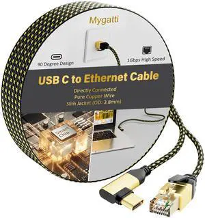 Mygatti USB C to Ethernet Cable 25 FT, 90 Degree Type-C to RJ45 Cord, 1Gbps Internet Cable, Slim Nylon Braided Cable, Directly Connected, Compatible with MacBook Pro, iPad Pro, Smartphone, Laptop, PC