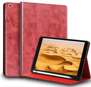 NANRUIL for Ipad Case 10.2-inch 9th/8th/7th Gen Genuine Leather Cover Protective Shell for 2021/2020/2019,Built-in Apple Pencil Holder and Auto Wake/Sleep.Red