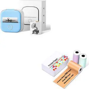 Ponek T02 Blue Mini Pocket Sticker/Receipt Printer and T02/M02X/M02L Purple/Green/Orange Thermal Paper-20-Year Sticky 50mmx3.5m for Journal Photo