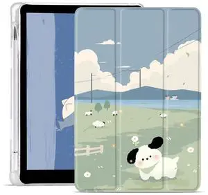 JOYLAND Cartoon Case for iPad 9th/7th/8th Generation(2021/2020/2019) 10.2 Inch with Pencil Holder, Clear TPU Foldable Smart Stand Back Cover, Auto Wake/Sleep Shockproof Protective Case