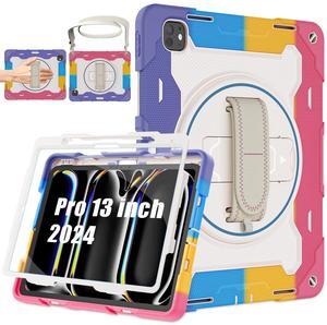 ROSROME for iPad Pro 13 Inch Case 2024 M4 7th Generation with HD Screen Protector, Shoulder Strap, 360 Stand, Hand Strap,Pen Holder |15ft Drop Protection| Heavy Duty Military Case for Pro 13 for Kids