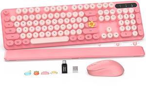 Wireless Keyboard and Mouse Combo - Retro Keyboard with Round Keycaps, Full-Size Typewriter Keyboard with Detachable Wrist Rest, 2.4GHz Connection for Mac/Windows/PC (Baby Pink)